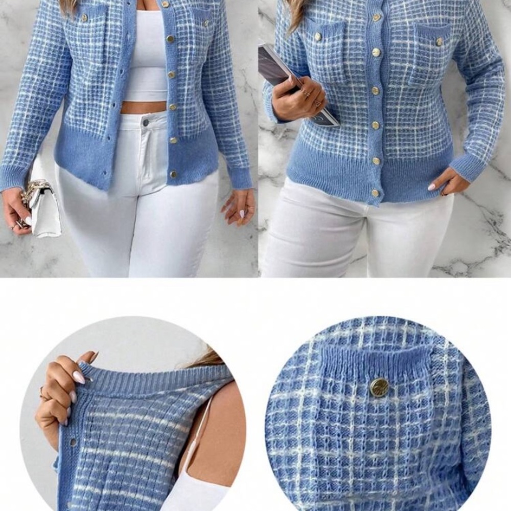 SHEIN Blue Cardigan Sweater with Tweed Texture